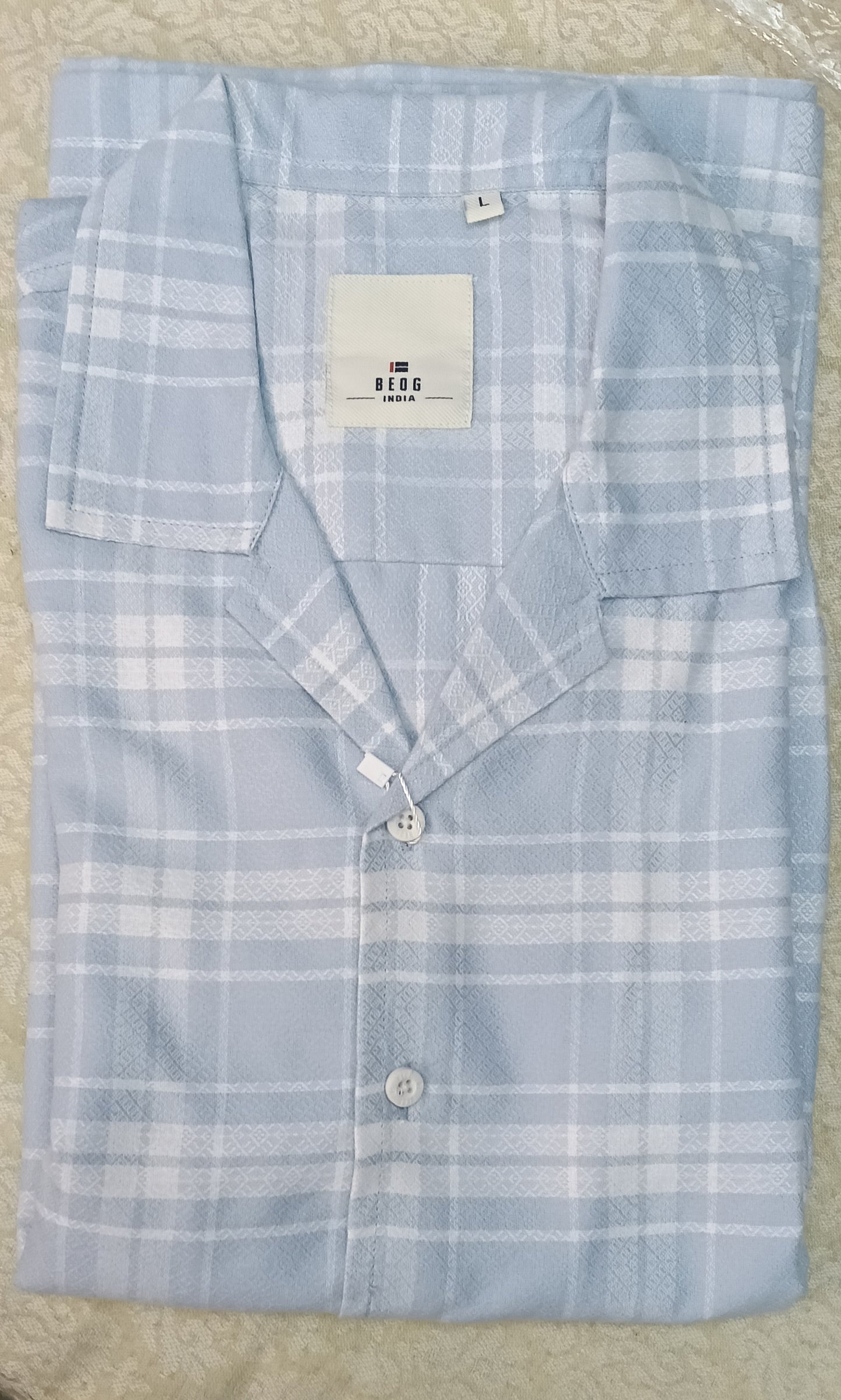 Beog | Men’s Sky Blue Checkered Cuban Collar Shirt