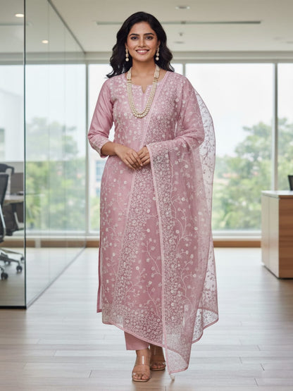 Premium Embroidered Cotton-Net Churidar Set