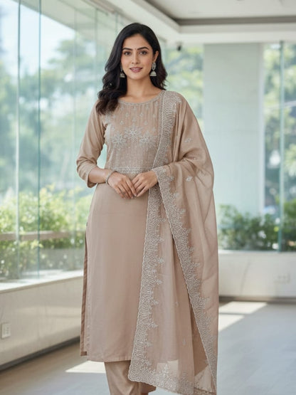 Premium Embroidered Cotton-Net Churidar Set