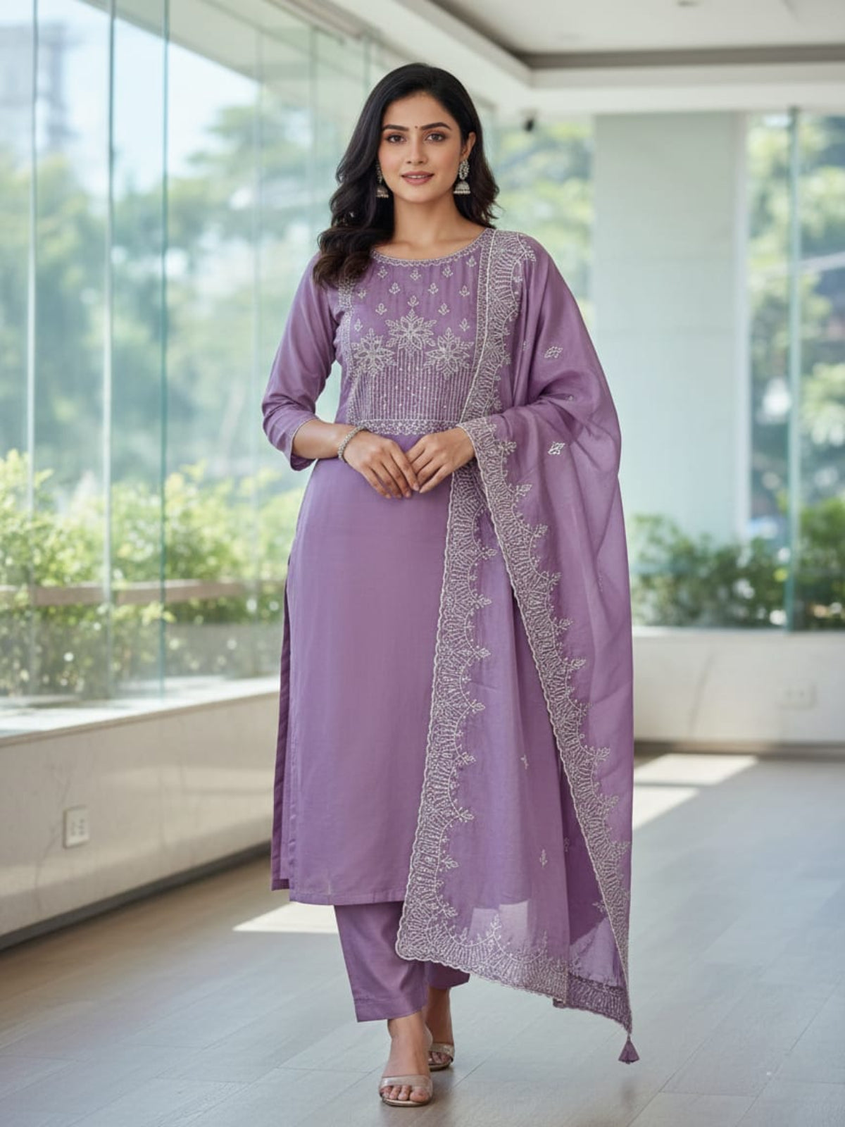 Premium Embroidered Cotton-Net Churidar Set