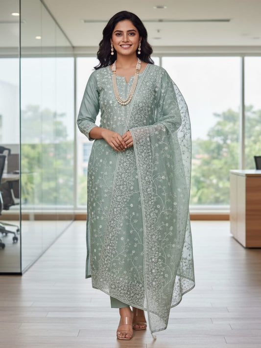Premium Embroidered Cotton-Net Churidar Set
