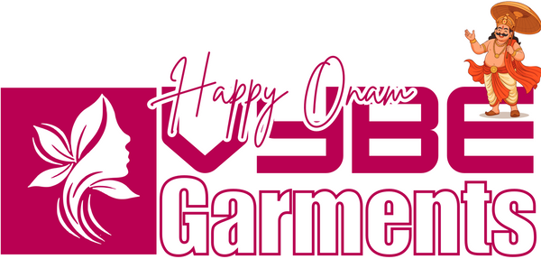 A digital graphic logo for 'Happy Onam' VYBE Garments' on a solid white background. The design features a magenta square with a white stylized floral profile, followed by the brand name 'VYBE Garments' in bold magenta and white lettering, 'Happy Onam' in white cursive, and a small cartoon illustration of Mahabali in the top right corner.