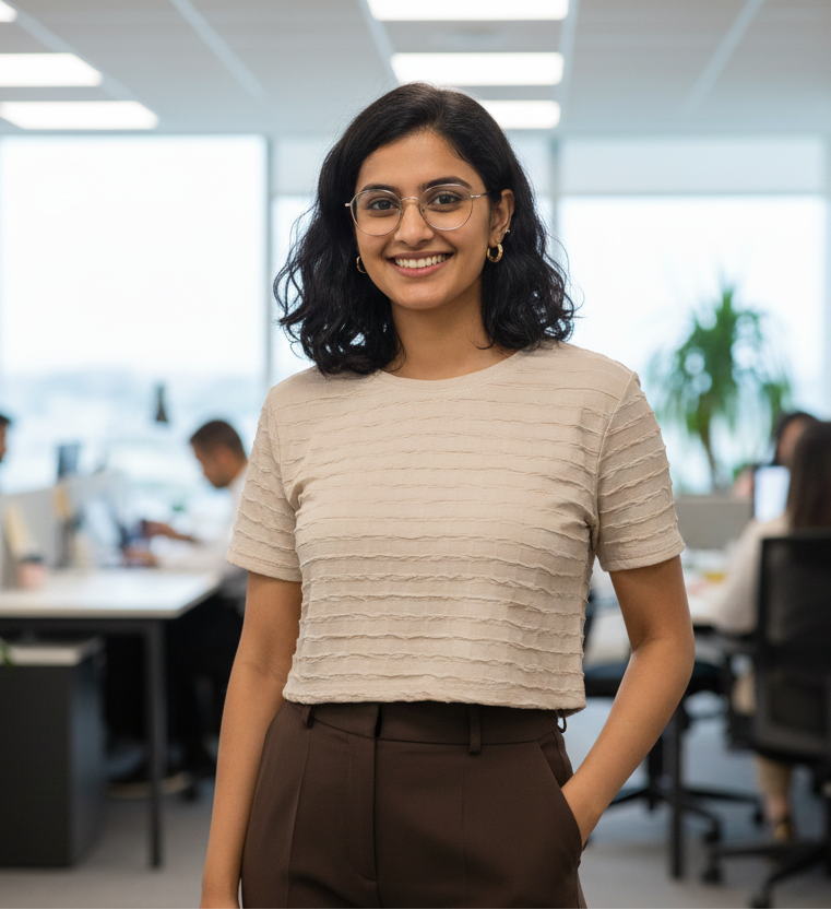 Woman standing in an office setting wearing a beige top and brown pants.