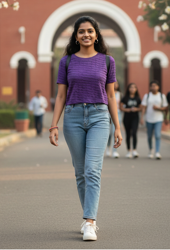 Woman in purple shirt and blue jeans walking on a street with a building in the background