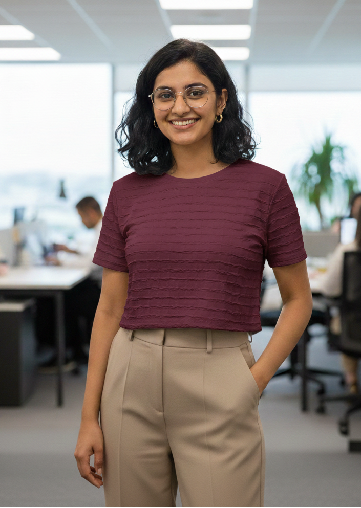 Woman in a maroon top and beige pants standing in an office setting