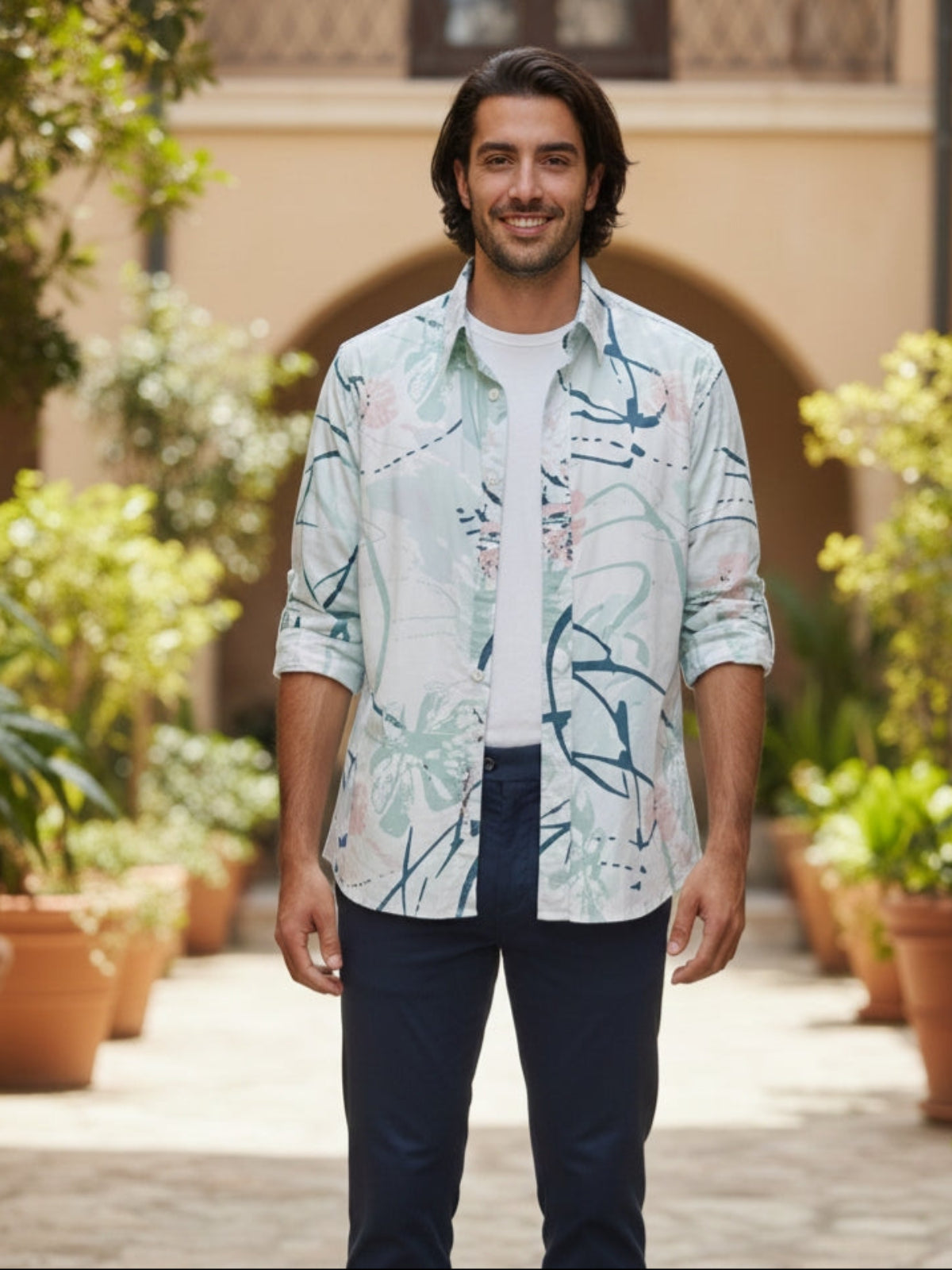 Men’s Abstract Pastel Print Cotton Blend Shirt